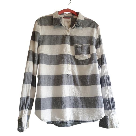Merona Women's Gray & White Striped Long Sleeve Top Button Up Shirt - Picture 1 of 9